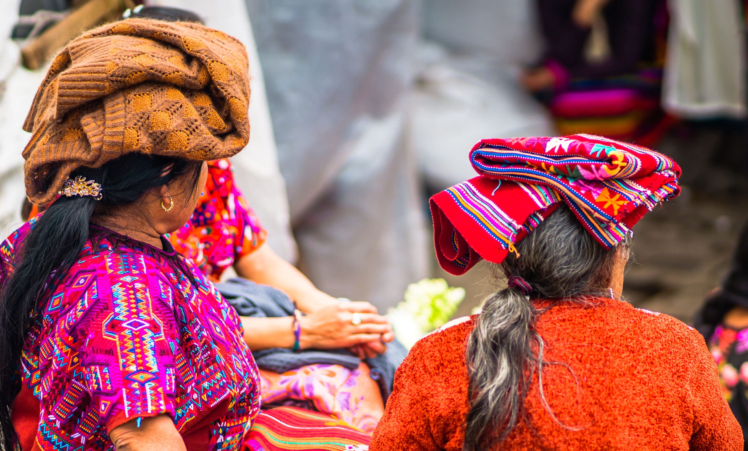 Two women in indigenous Maya market in Chichicastenango